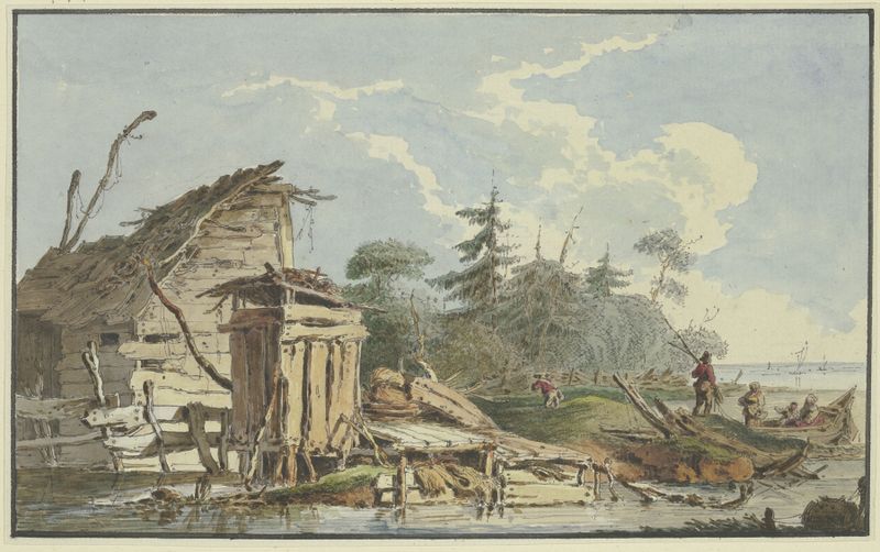 Landscape depicting wooden huts by the river, Marquard Wocher, medium unknown.