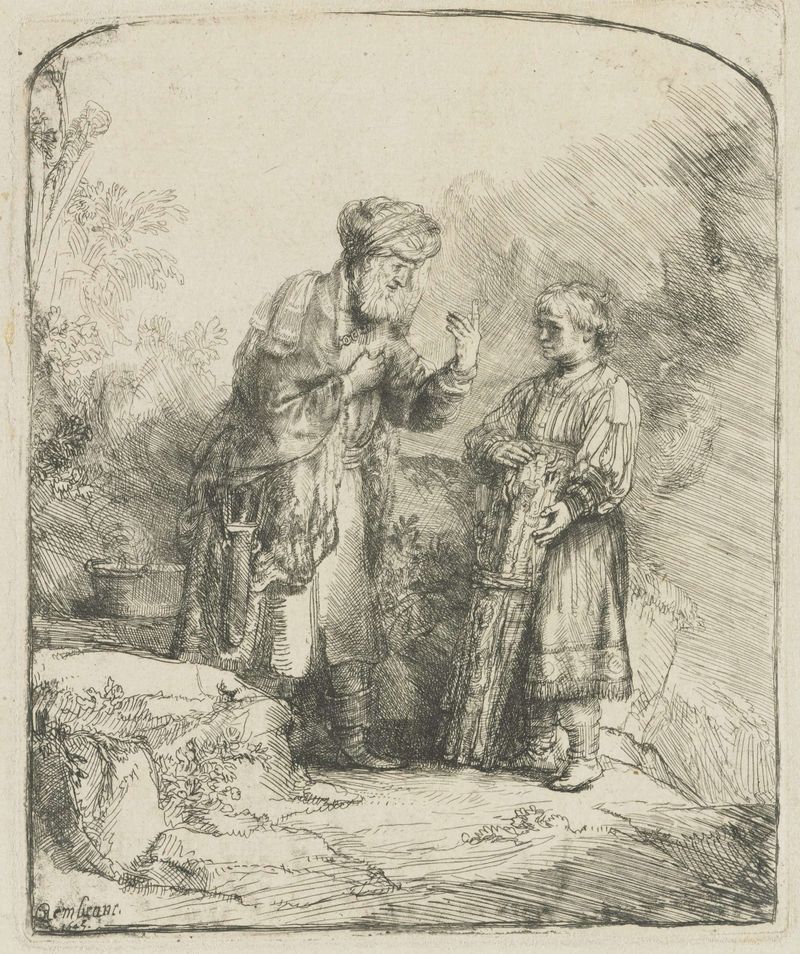 Grabado de Rembrandt van Rijn que representa a Abraham e Isaac en un momento de sacrificio.