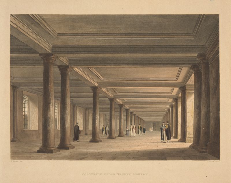 Colonnade under Trinity Library by Joseph Constantine Stadler, oil painting of classical columns against a blue sky.