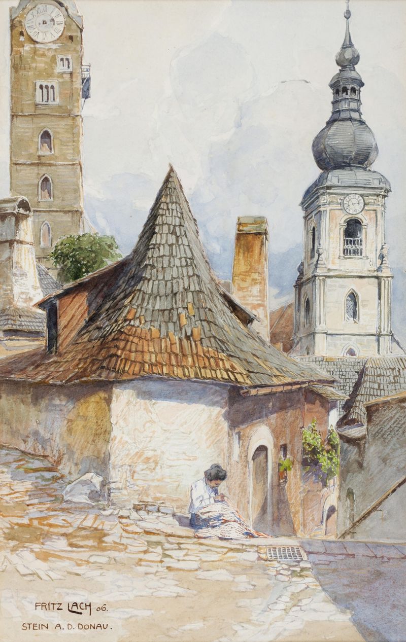 Stein an der Donau in der Wachau de Fritz Lach, pintura al óleo que representa un río tranquilo y reflejos.