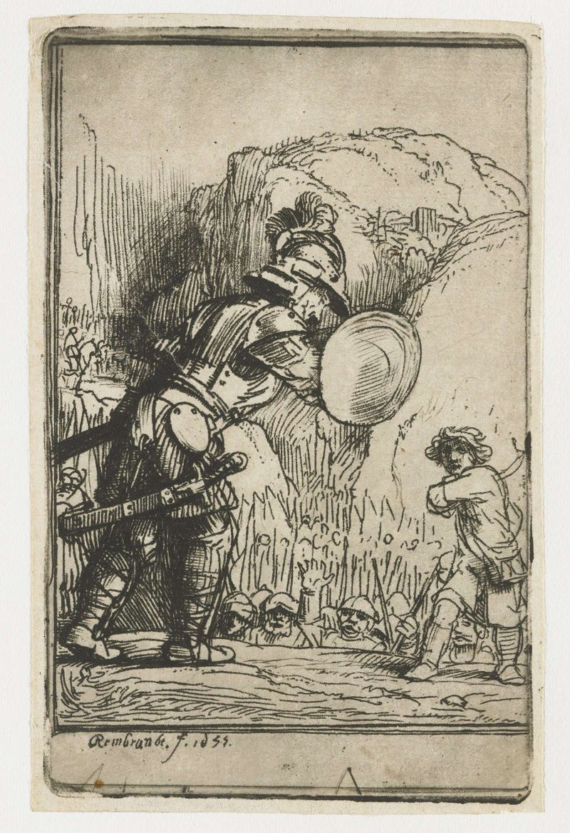 Grabado de Rembrandt van Rijn que representa a David enfrentándose a Goliat con luz dramática.
