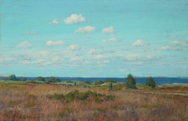Paisaje de otoño con luz filtrándose a través de las hojas de William Merritt Chase, pintura al óleo