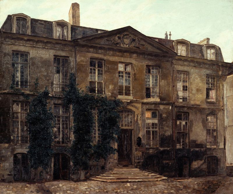L’Hôtel Le Brun, rue du Cardinal-Lemoine de Léon Cugnet, óleo sobre lienzo que representa una animada calle parisina.