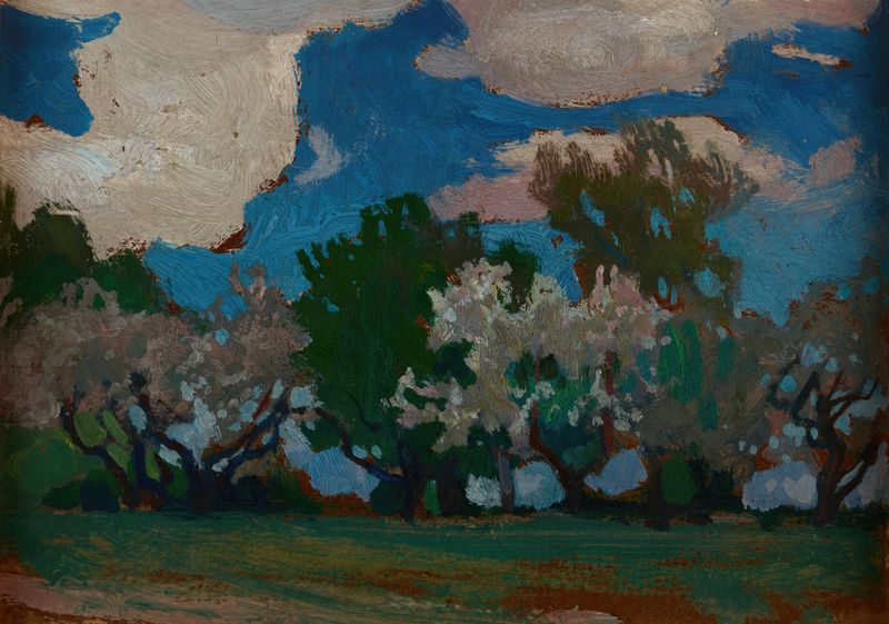 Apple-Trees in Blossom by Jan Stanisławski, oil on canvas depicting blooming apple trees.