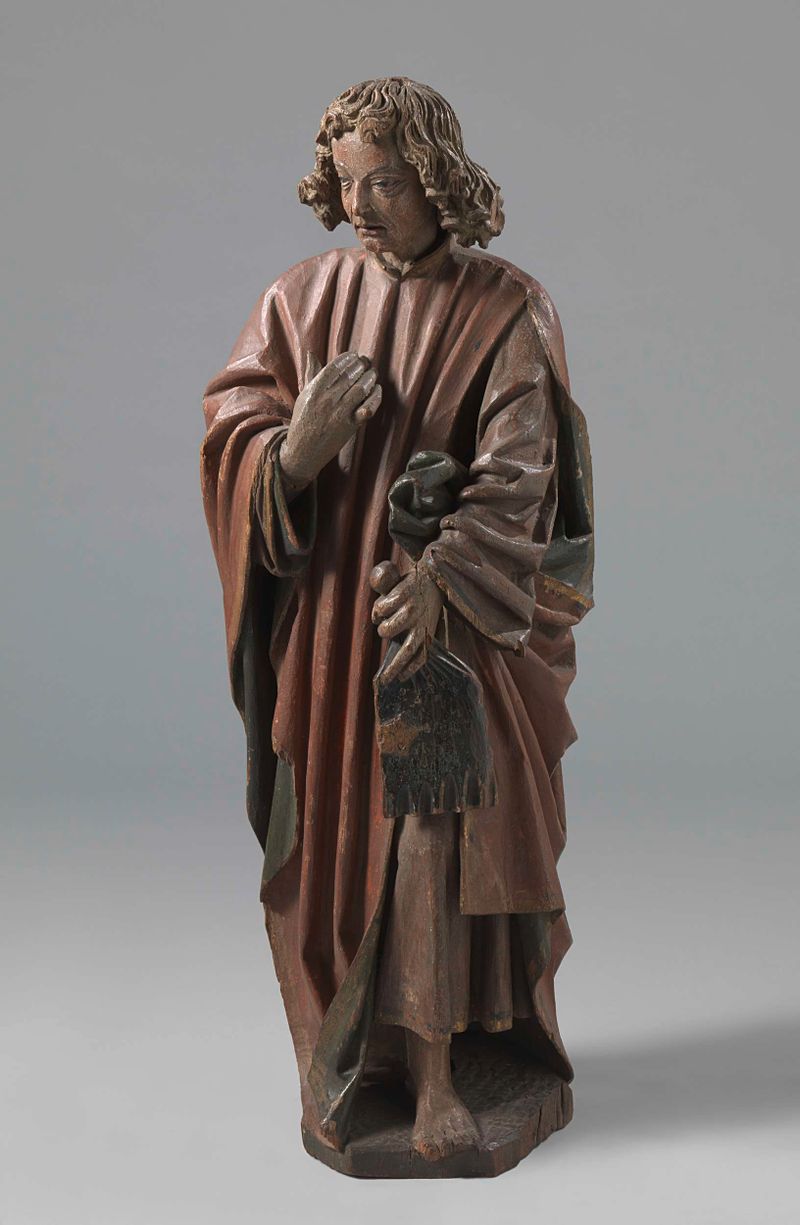 St John the Evangelist by Arnt van Tricht, oak medium, features a serene figure illuminated by soft light.