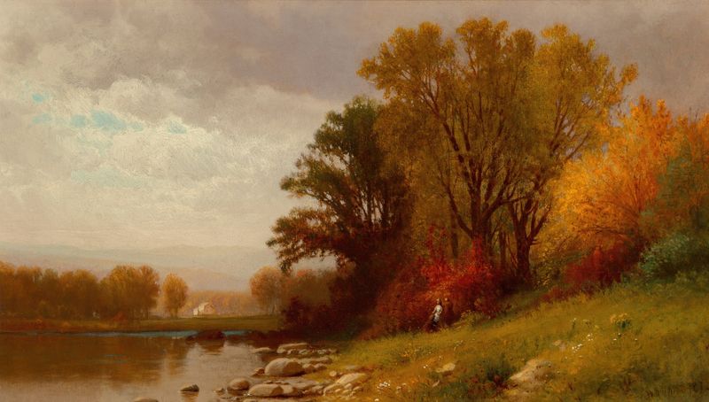 A Fall Day by William Hart, oil painting depicting autumn foliage and soft light.