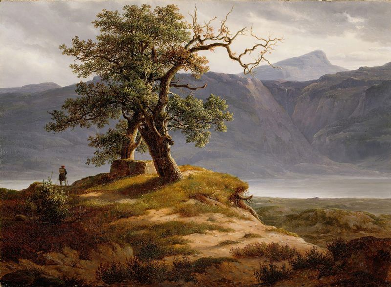 Landscape with a Wanderer, oil painting by Thomas Fearnley showing a solitary figure at sunset