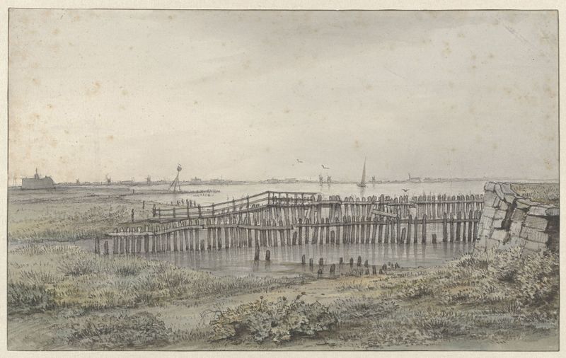 Paisaje con río y palisadas, pintura al óleo de Joannes Dijkhoff jr.