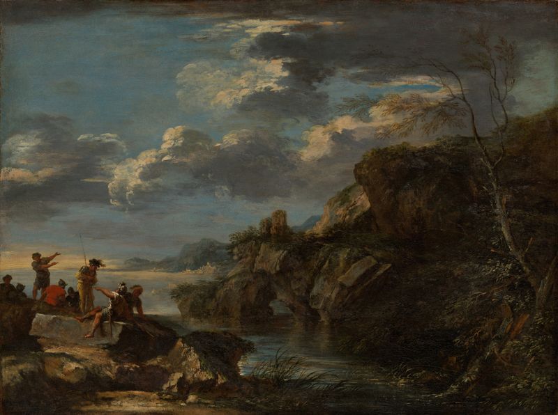 Landscape with bandits on a rocky coast, oil painting by Salvator Rosa