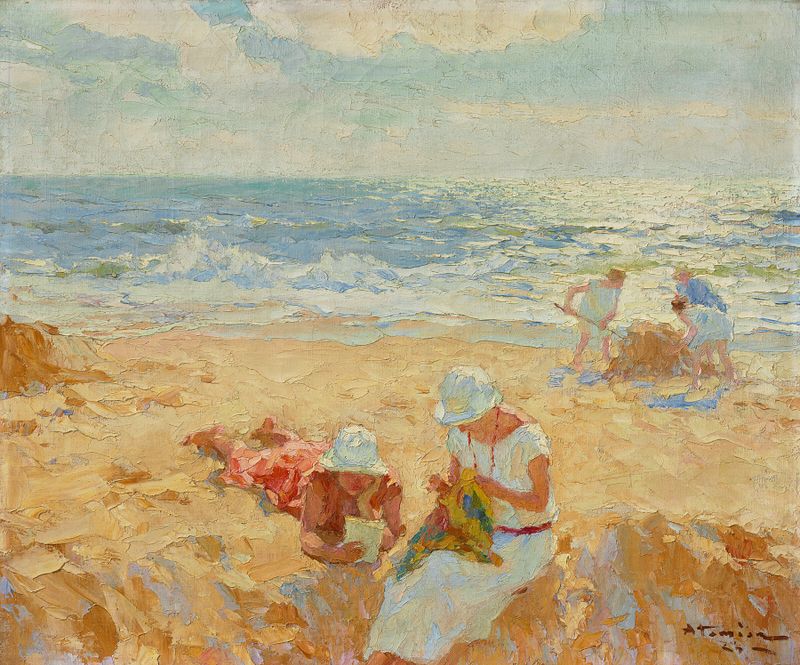 Coin de plage by Charles Atamian, oil on canvas depicting a tranquil beach scene.