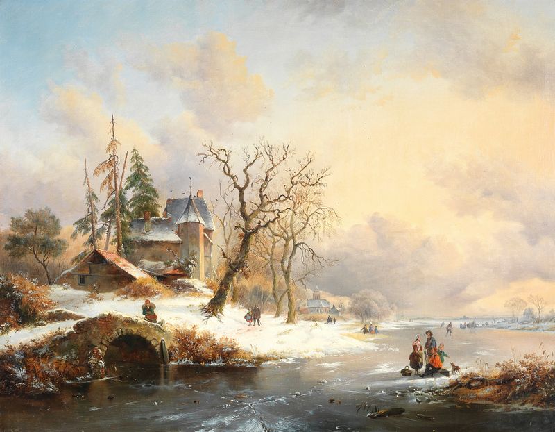 Winter landscape with figures near a mansion, oil painting by Frederik Marinus Kruseman