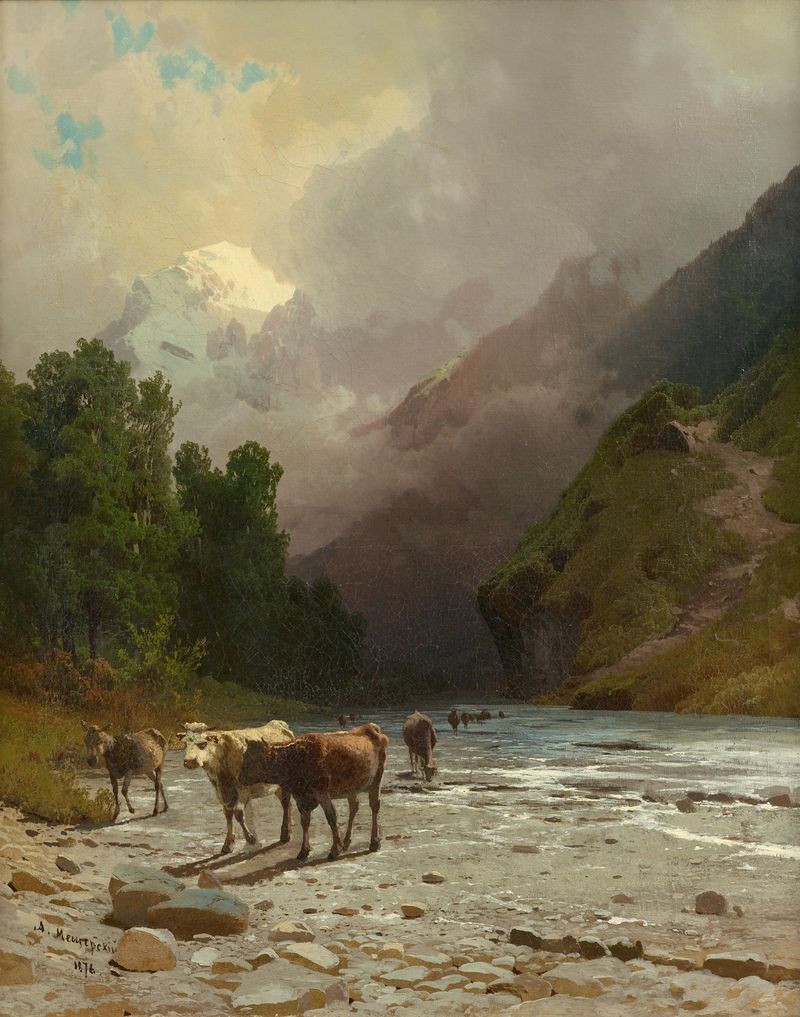 Paisaje montañoso con niebla y nubes, pintura al óleo de Arsenius Mestschersky