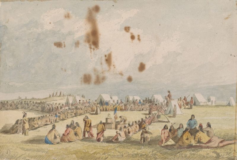 Distribution of Goods to the Assiniboins, oil on canvas by John Mix Stanley, depicting figures gathering.