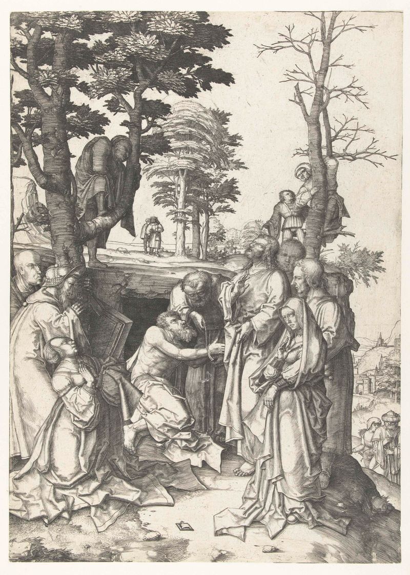Grabado de Lucas van Leyden que representa la resurrección de Lázaro con figuras serenas y luz.