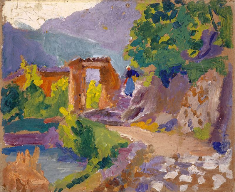 Paisagem com uma estrada sinuosa em um vale montanhoso, meio desconhecido, de Unknown Artist