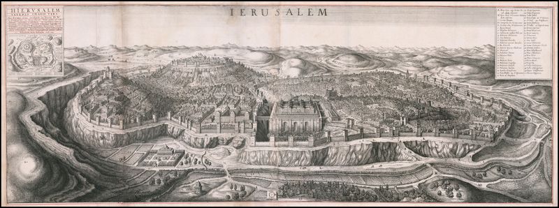 Bird’s eye view of Jerusalem engraving by Wenceslaus Hollar, depicting the city's silhouette and landscape.
