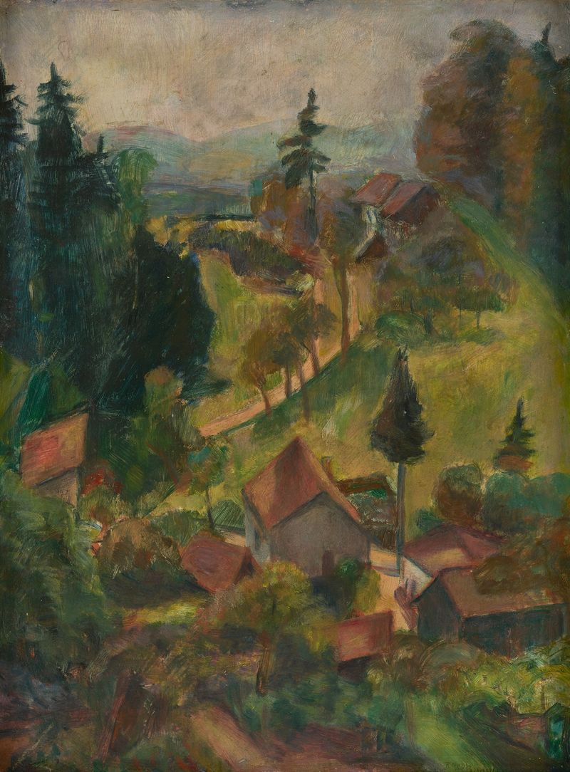 Pintura a óleo de paisagem de Rudolf Grossmann mostrando uma aldeia cercada por floresta e luz dourada.