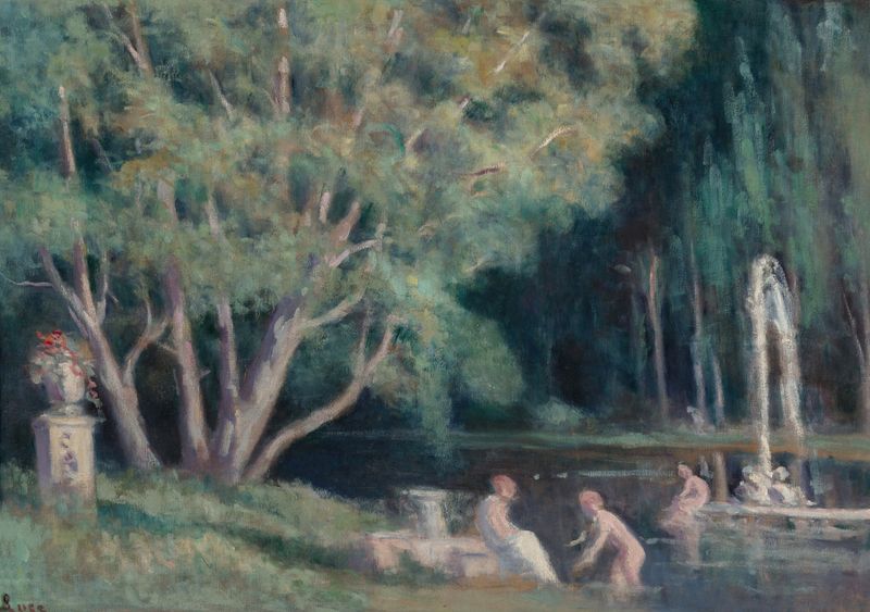 Les baigneurs au jet d’eau de Maximilien Luce, que muestra bañistas relajándose junto al agua en una pintura al óleo.