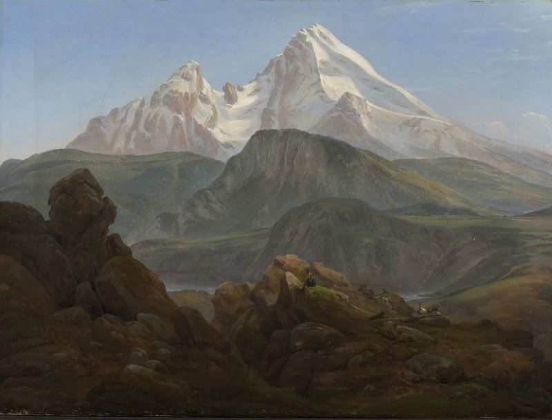 The Watzmann by Johan Christian Dahl, oil on canvas, depicting a tranquil landscape with mountain reflections.
