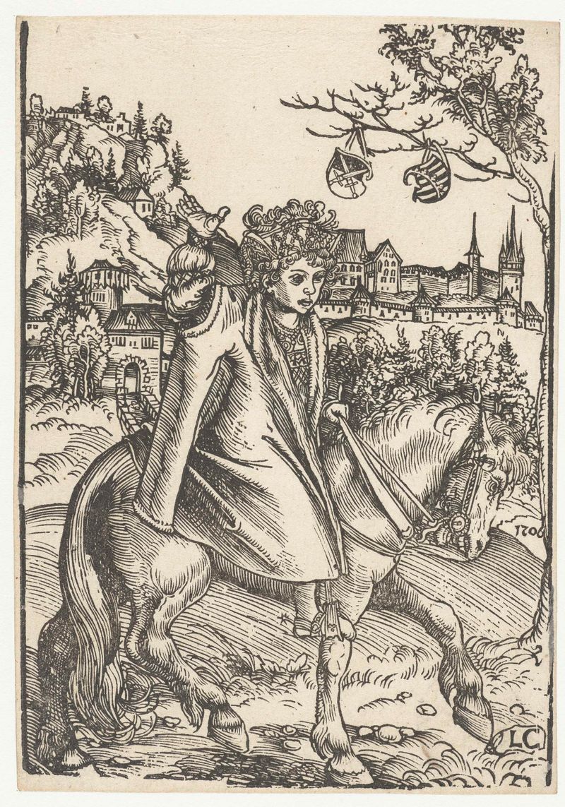 Obra figurativa en papel de Lucas Cranach (I) que muestra a un niño montando un caballo.