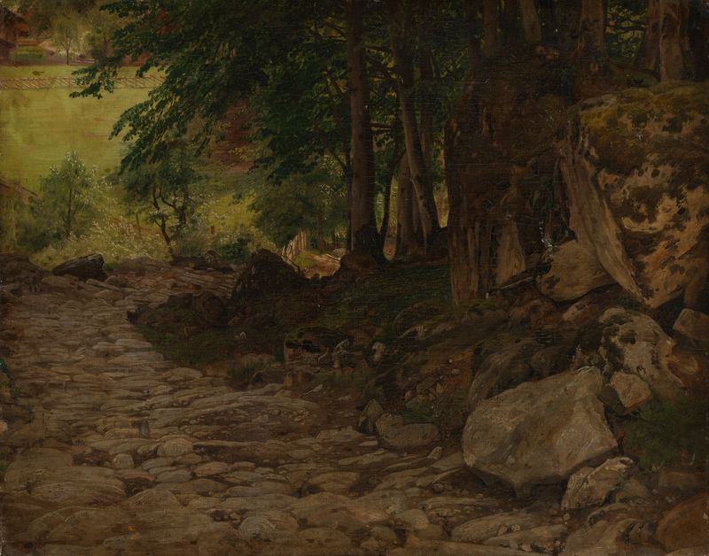 Landscape with cliffs and sunset, oil painting by Johann Wilhelm Schirmer
