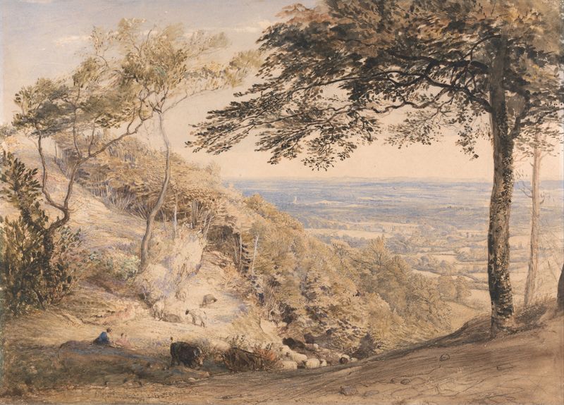 Wilmot’s Hill, Kent by Samuel Palmer, oil painting depicting lush hills and golden fields