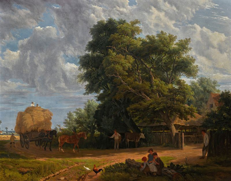 The Haywain by John James Chalon, a romantic landscape oil painting depicting a river and haywain.