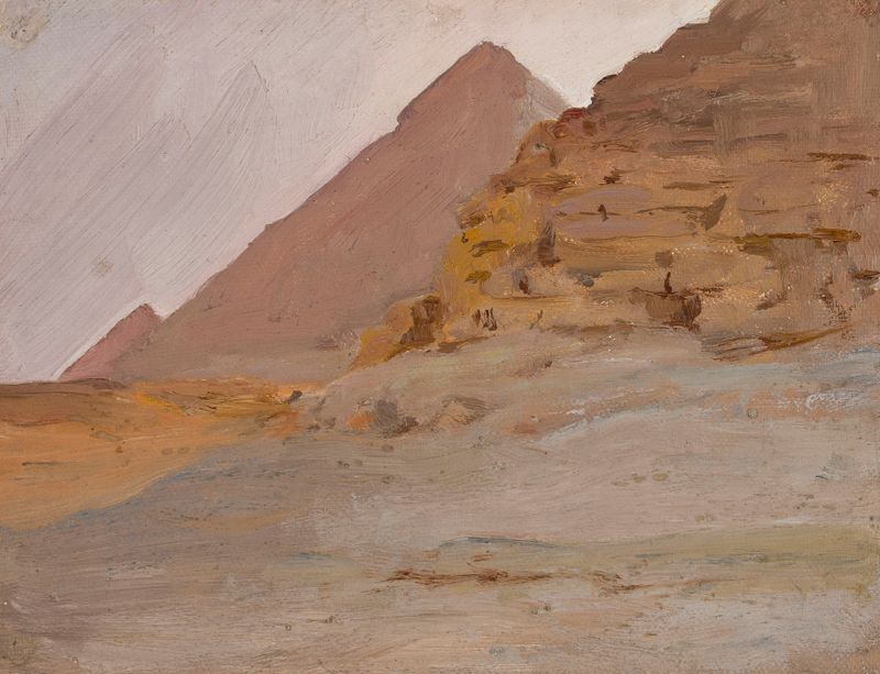 Pintura al óleo de Jan Ciągliński que representa pirámides al anochecer