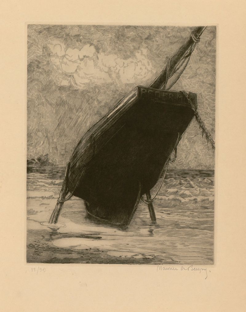 Marine scene by Maurice Jaubert de Becque, oil painting featuring figures and soft hues.