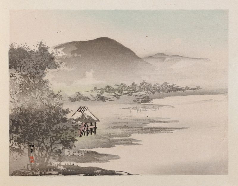 Ukiyo-e landscape with river and village by Unknown Artist, ink on paper