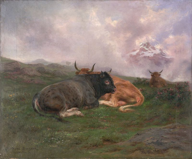 Cattle at rest on a hillside in the Alps, oil painting by Rosa Bonheur