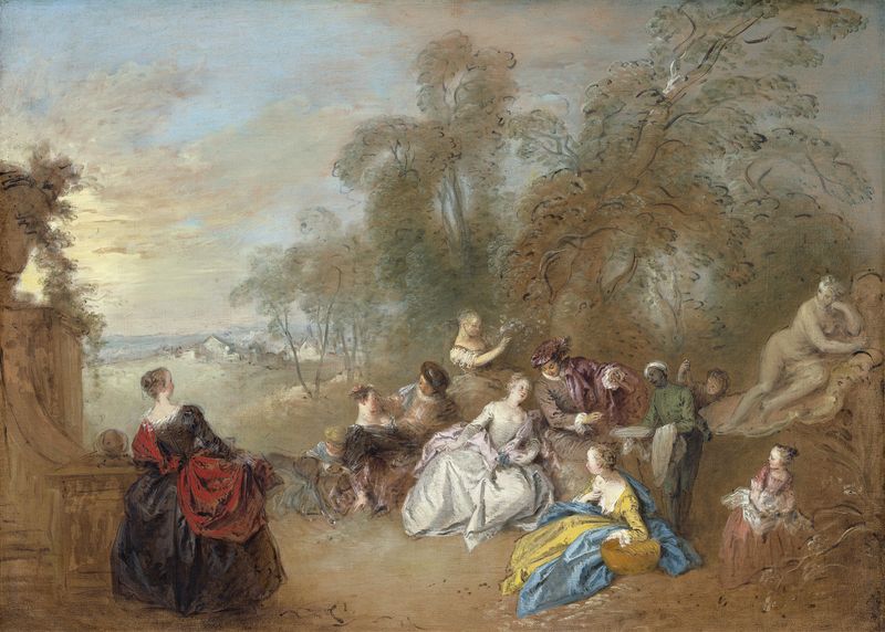 On the Terrace, oil on canvas by Jean-Baptiste Pater, featuring elegantly dressed figures on a sunny terrace.