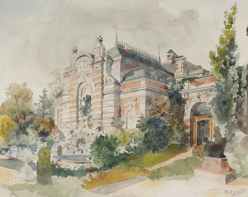 Villa in einem Park by Ernst Graner, Impressionism, depicts a villa surrounded by greenery and a blue sky.