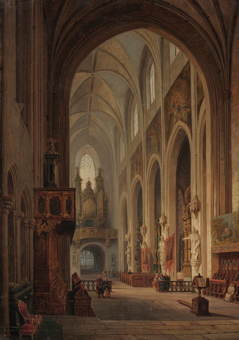 Interior of the Dominican Church in Kraków by Marcin Zaleski, oil painting featuring stained glass and arches
