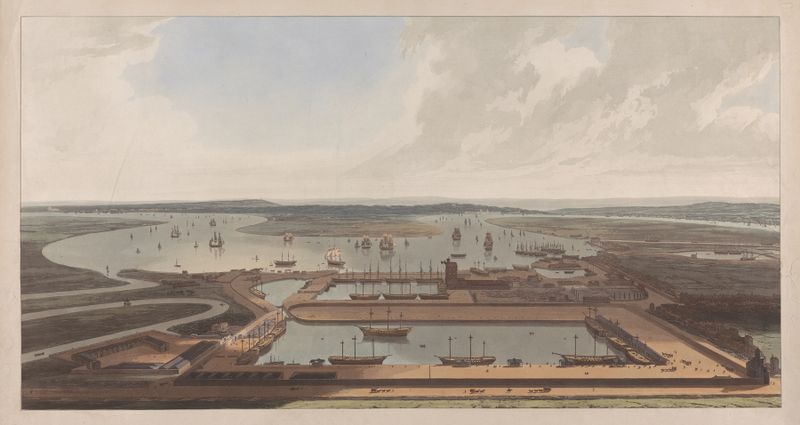 A View of the East India Docks, watercolor on paper by William Daniell, depicting ships and water.