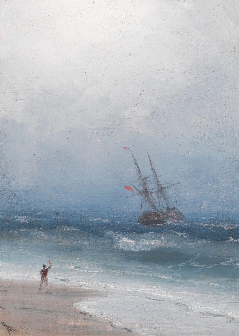 Stormy Coast de Ivan Aivazovsky, pintura a óleo mostrando ondas quebrando e penhascos sob um céu tempestuoso.