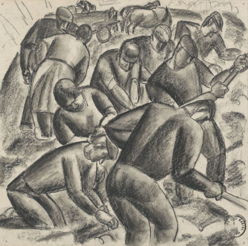 Aardappelrooiers aan het werk op het land de Leo Gestel, pintura al óleo que muestra trabajadores en un campo.