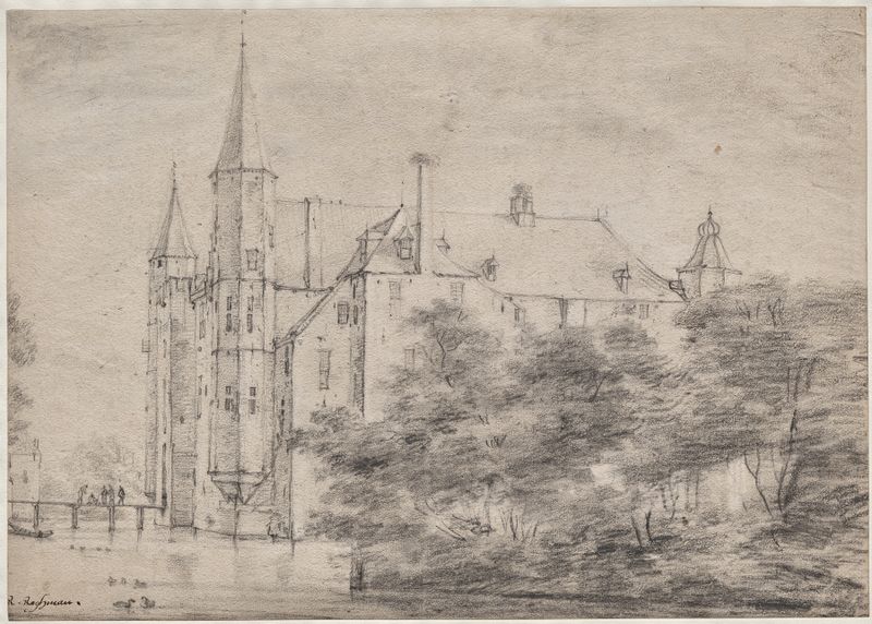 Zuylen Castle Near Utrecht de Roelant Roghman, pintura a óleo que representa um castelo ao lado de um rio ao pôr do sol.