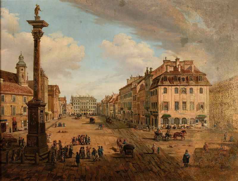 Pintura a óleo de paisagem de artista desconhecido mostrando uma praça de castelo e edifícios sob um vasto céu.