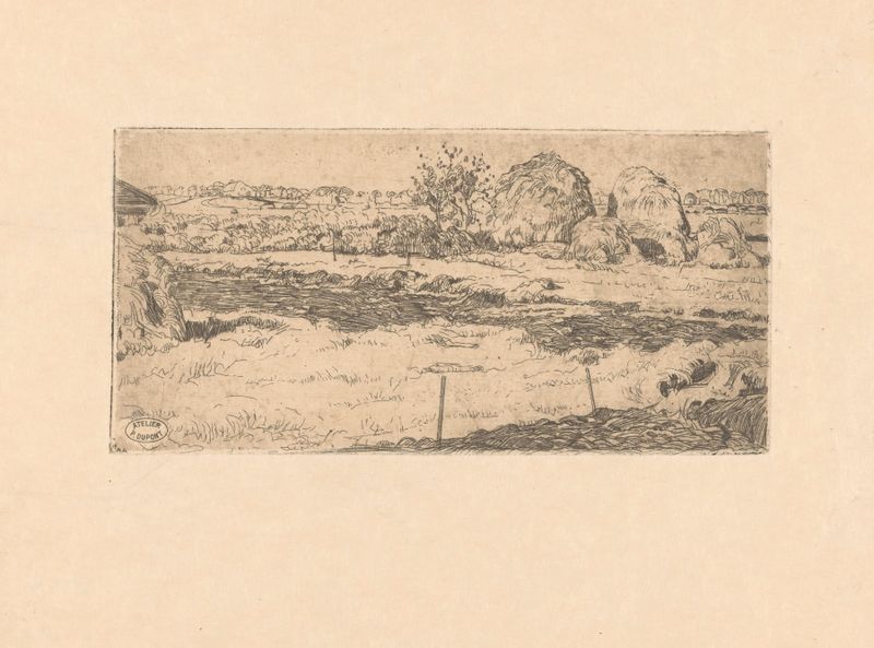 Veld met hooioppers de Pieter Dupont, que representa un campo tranquilo con hierbas doradas, óleo