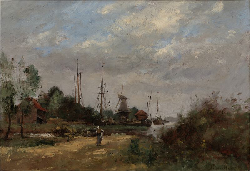 Paisaje con un río y un molino, óleo sobre lienzo de Paul Désiré Trouillebert