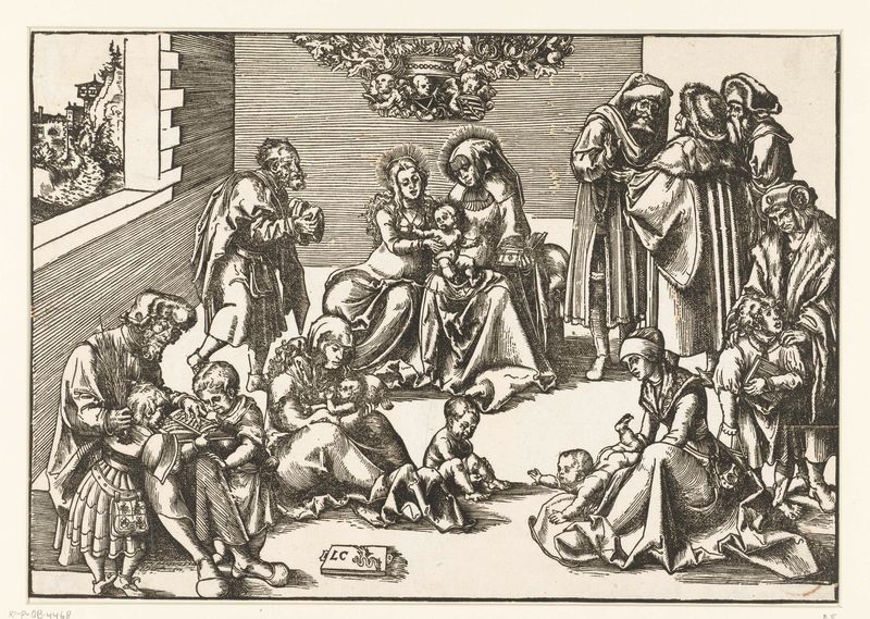 Heilige Maagschap de Lucas Cranach, medio papel, representando a la Virgen María con túnicas carmesí