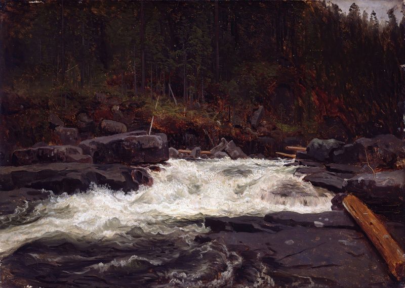 Waterfall in Telemark, study by August Cappelen, oil painting depicting a waterfall and forest.