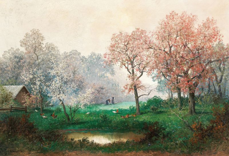 Pintura a óleo de Adolf Kaufmann representando árvores em flor e um céu etéreo