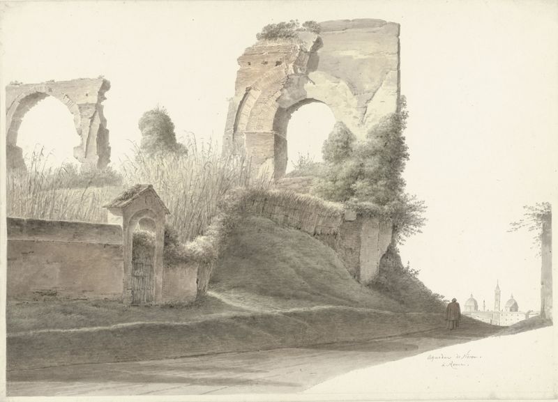 Acueducto de Nerón en Roma, óleo sobre lienzo de Josephus Augustus Knip, con arcos y naturaleza bajo un cielo sereno.