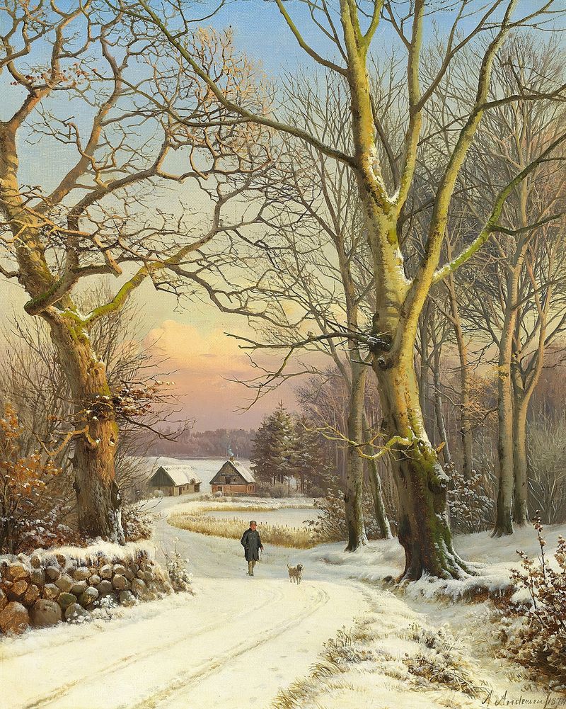 Realism painting by Anders Andersen-Lundby of a man walking a dog in a snowy forest