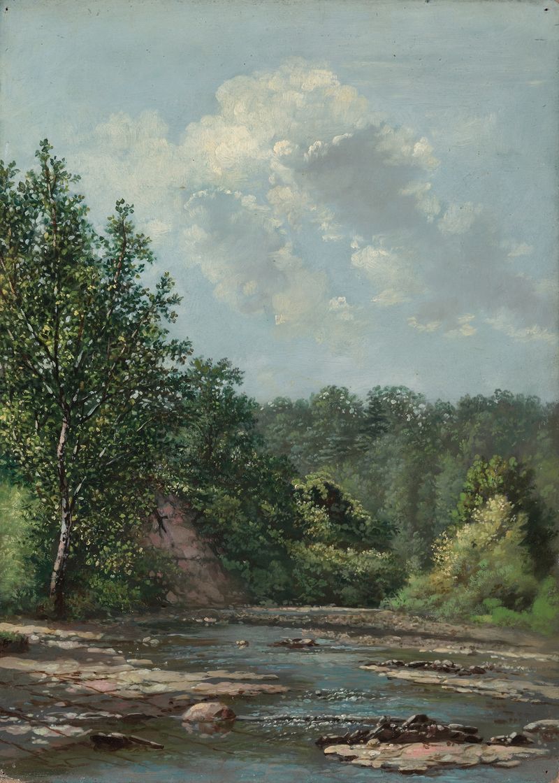 Landscape near Painesville de Allen Smith, óleo sobre lienzo que muestra un horizonte sereno y vegetación exuberante.