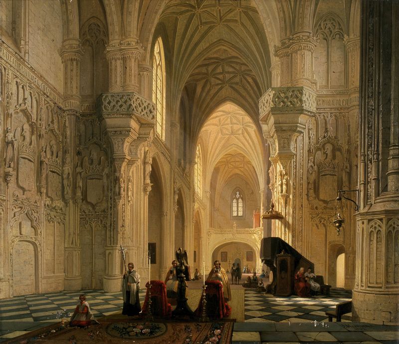 Interior de la Iglesia de San Juan en Toledo, óleo sobre lienzo de Joseph Maswiens, con altar y vitrales.