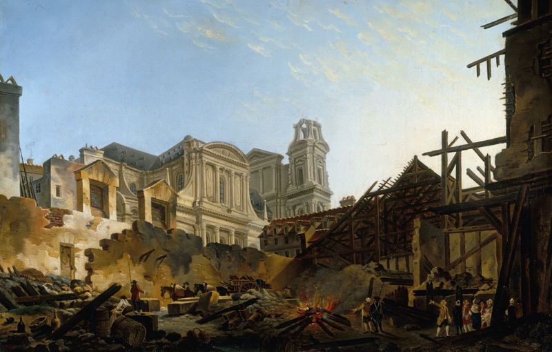 Historical scene of a fairground in ruins after a fire, oil painting by Pierre-Antoine Demachy.