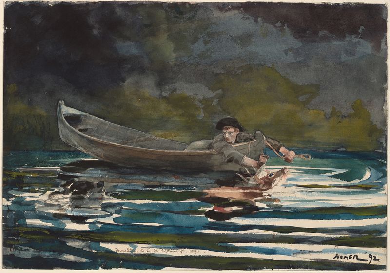 Boceto para ‘Perro y Cazador’ de Winslow Homer, que representa un perro en la naturaleza, dibujo a lápiz.
